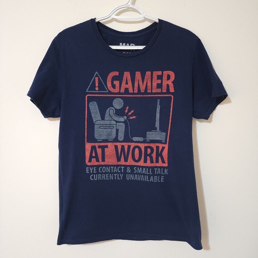 Mad Engine Graphic "Gamer At Work" Short Sleeve T-Shirt Navy Blue Crew Neck S/M - Picture 1 of 5